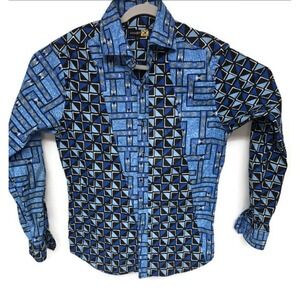 Woodin Shirt Mens Large Blue Black Geometric Print Long Sleeve Button Up African